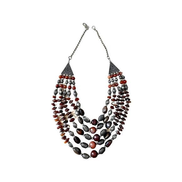 Vintage Agate and Silver Natural Stone Bead Necklace with Sterling Accents - Picture 2 of 7